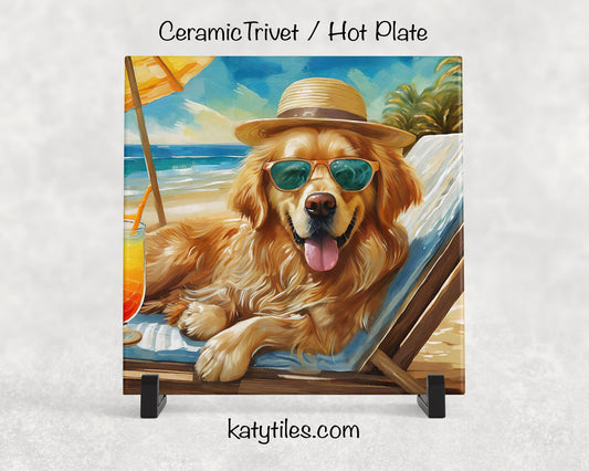 Golden Retriever on the Beach Drinking a Cocktail Ceramic Tile Trivet for hot dishes – 6x6 Handmade Dog Lover Decor Coaster, Made in USA