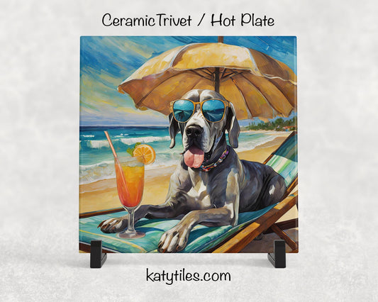 Great Dane on the Beach Drinking a Cocktail Ceramic Tile Trivet for hot dishes – 6x6 Handmade Dog Lover Decor Coaster, Made in USA