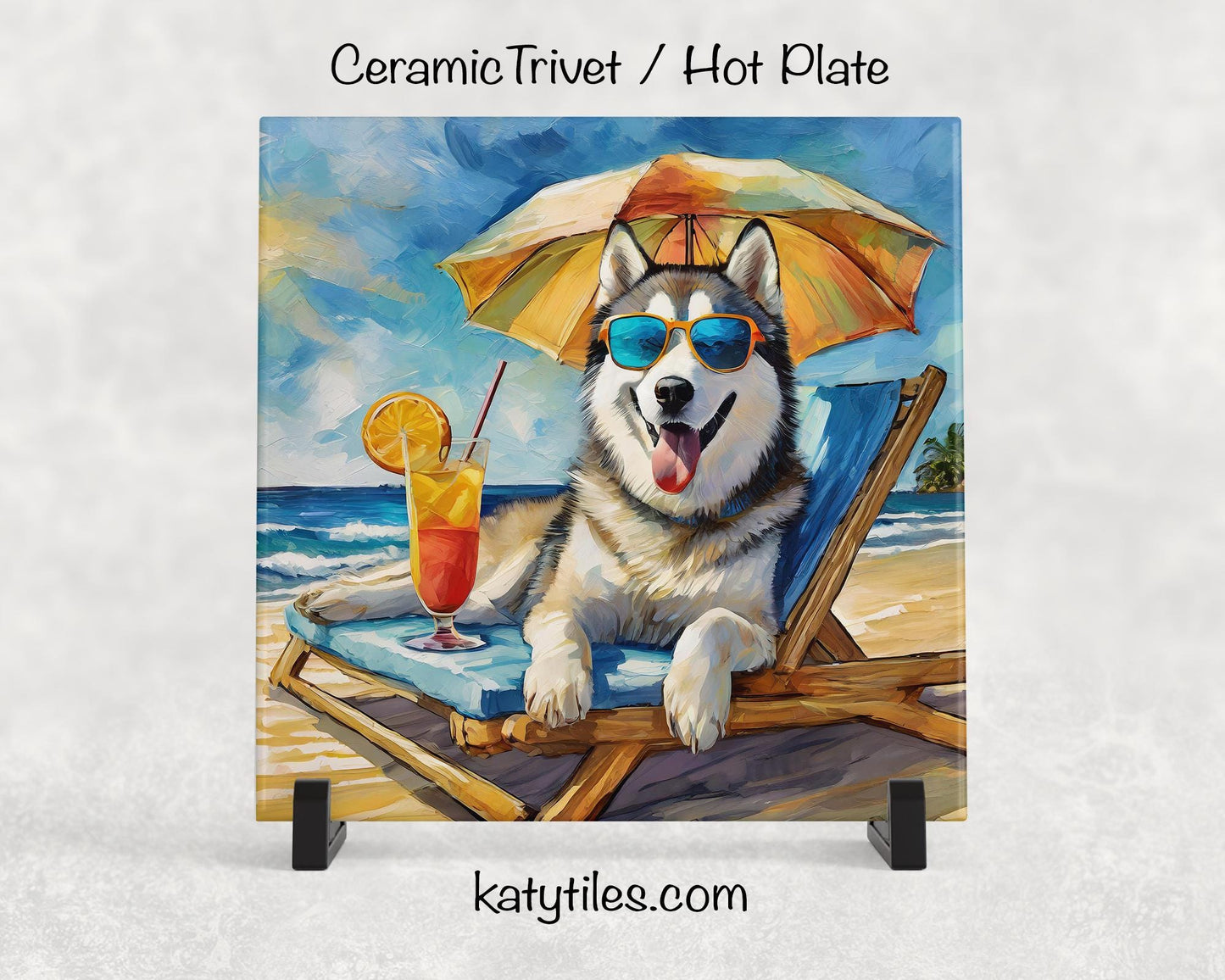 Husky on the Beach Drinking a Cocktail Ceramic Tile Trivet for hot dishes – 6x6 Handmade Dog Lover Decor Coaster, Made in USA