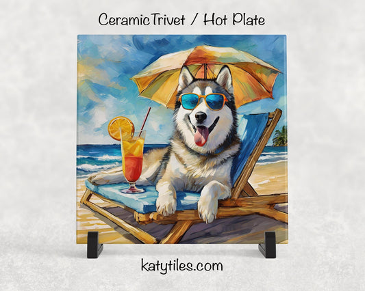 Husky on the Beach Drinking a Cocktail Ceramic Tile Trivet for hot dishes – 6x6 Handmade Dog Lover Decor Coaster, Made in USA