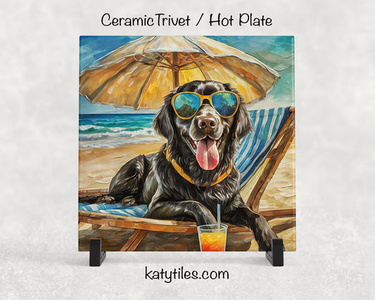 Chocolate Lab on the Beach Drinking a Cocktail Ceramic Tile Trivet for hot dishes – 6x6 Handmade Dog Lover Decor Coaster, Made in USA