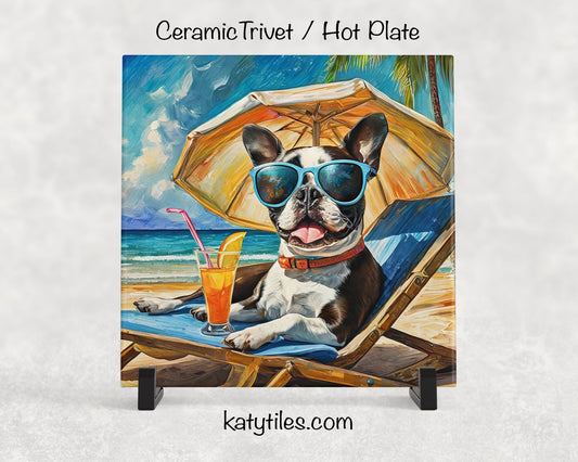 Boston Terrier on the Beach Drinking a Cocktail Ceramic Tile Trivet for hot dishes – 6x6 Handmade Dog Lover Decor Coaster, Made in USA