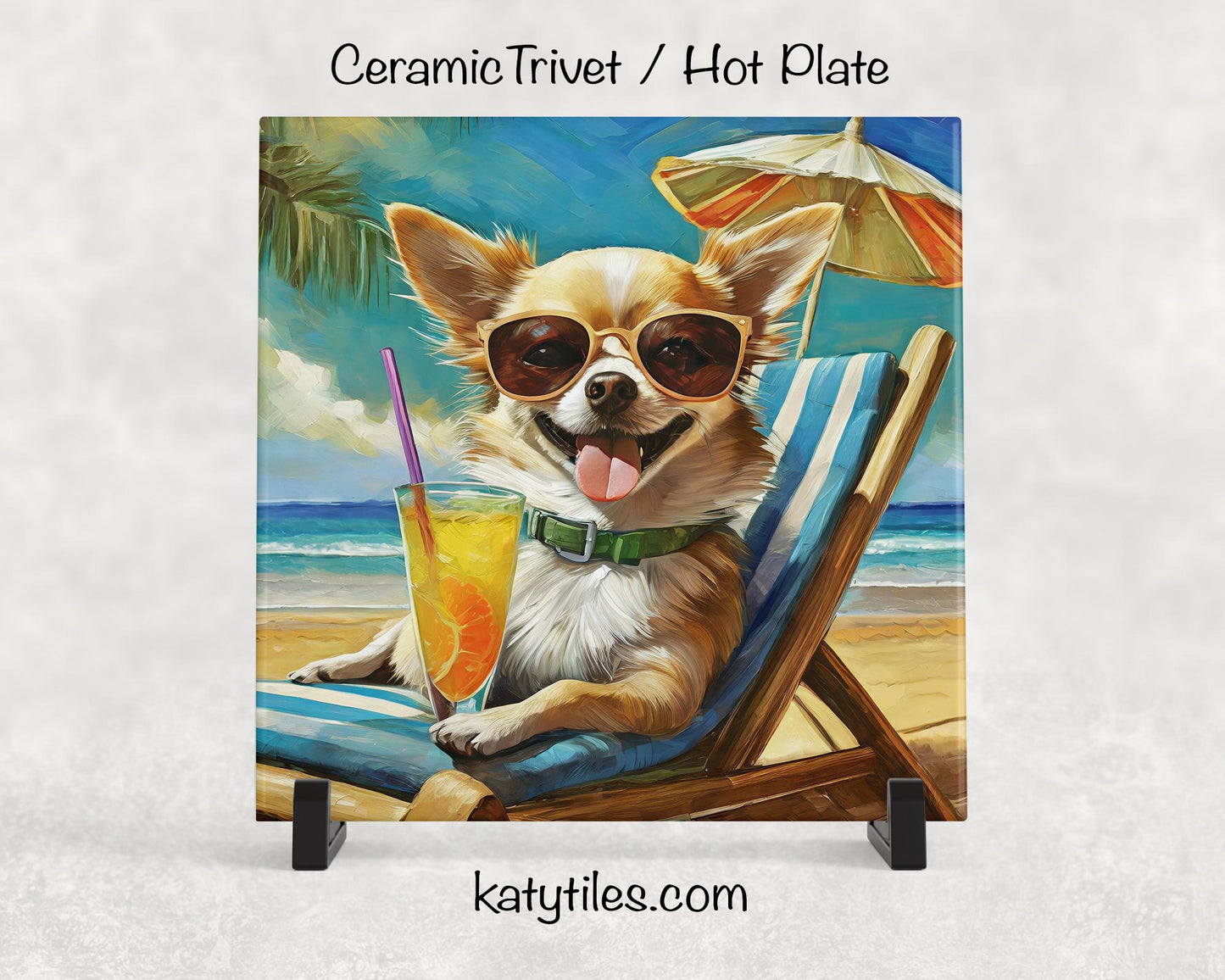Chihuahua on the Beach Drinking a Cocktail Ceramic Tile Trivet for hot dishes – 6x6 Handmade Dog Lover Decor Coaster, Made in USA