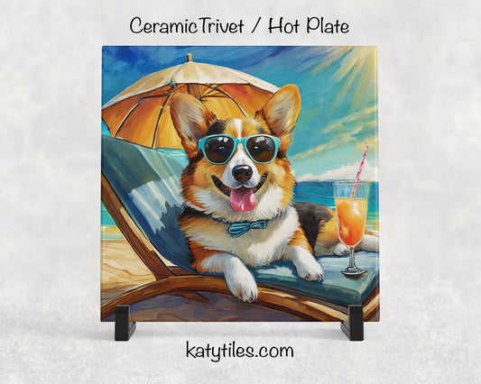 Tri-color Corgi on the Beach Drinking a Cocktail Ceramic Tile Trivet for hot dishes – 6x6 Handmade Dog Lover Decor Coaster, Made in USA