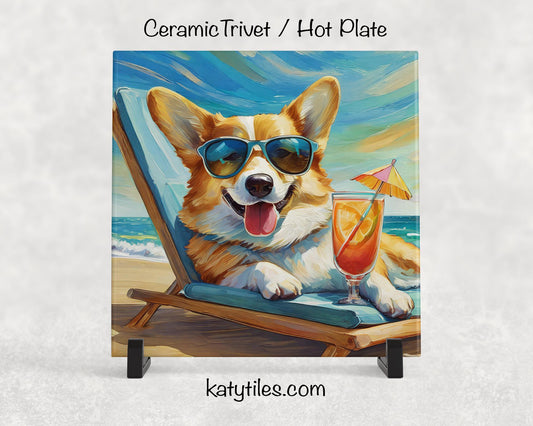 Corgi on the Beach Drinking a Cocktail Ceramic Tile Trivet for hot dishes – 6x6 Handmade Dog Lover Decor Coaster, Made in USA