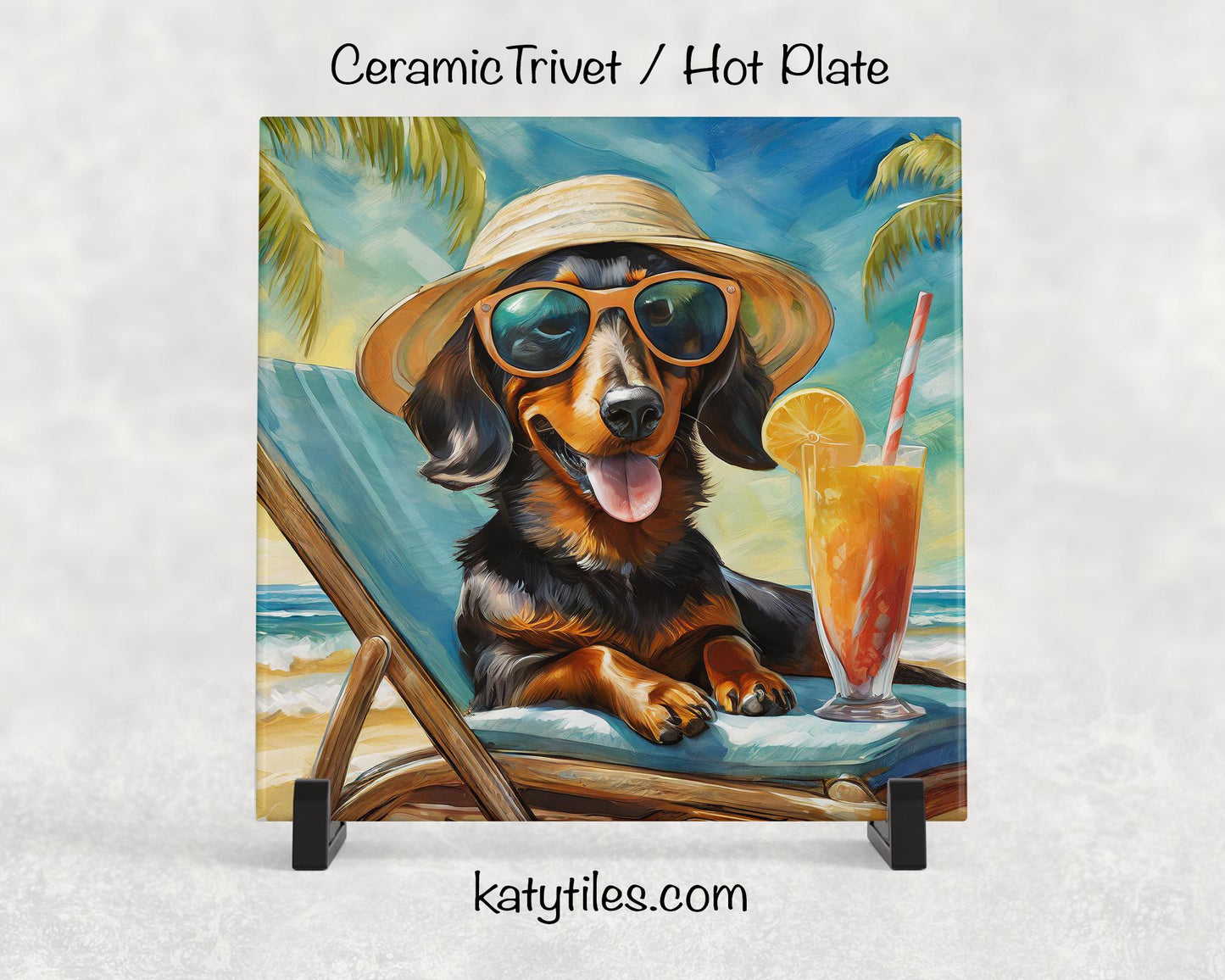 Dachshund on the Beach Drinking a Cocktail Ceramic Tile Trivet for hot dishes – 6x6 Handmade Dog Lover Decor Coaster, Made in USA