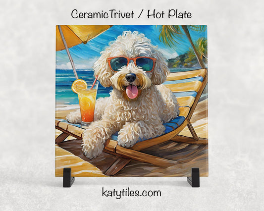 White Doodle on the Beach Drinking a Cocktail Ceramic Tile Trivet for hot dishes – 6x6 Handmade Dog Lover Decor Coaster, Made in USA