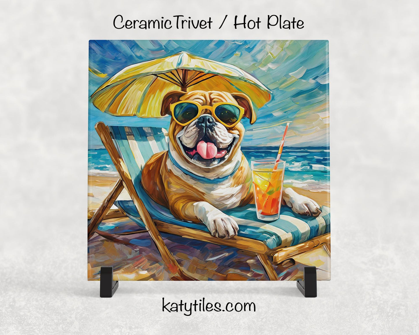 English Bulldog on the Beach Drinking a Cocktail Ceramic Tile Trivet for hot dishes – 6x6 Handmade Dog Lover Decor Coaster, Made in USA