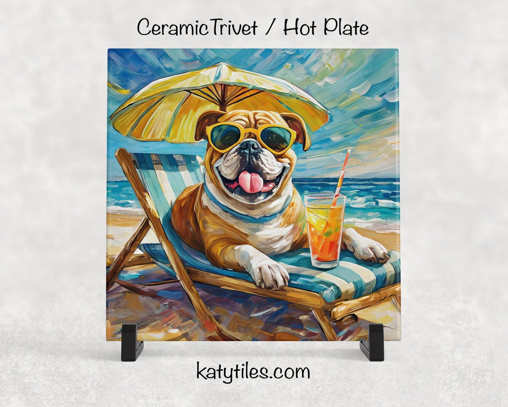 English Bulldog on the Beach Drinking a Cocktail Ceramic Tile Trivet for hot dishes – 6x6 Handmade Dog Lover Decor Coaster, Made in USA