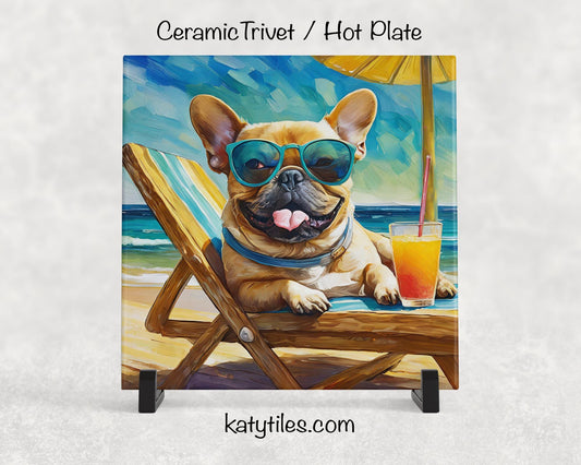 French Bulldog on the Beach Drinking a Cocktail Ceramic Tile Trivet for hot dishes – 6x6 Handmade Dog Lover Decor Coaster, Made in USA