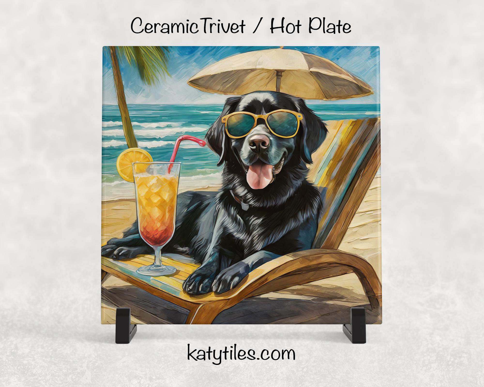 Black Lab on the Beach Drinking a Cocktail Ceramic Tile Trivet for