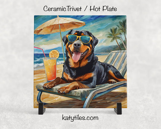 Rottweiler on the Beach Drinking a Cocktail Ceramic Tile Trivet for hot dishes – 6x6 Handmade Dog Lover Decor Coaster, Made in USA