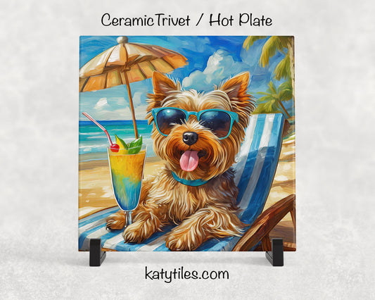 Yorkshire Terrier on the Beach Drinking a Cocktail Ceramic Tile Trivet for hot dishes – 6x6 Handmade Dog Lover Decor Coaster, Made in USA