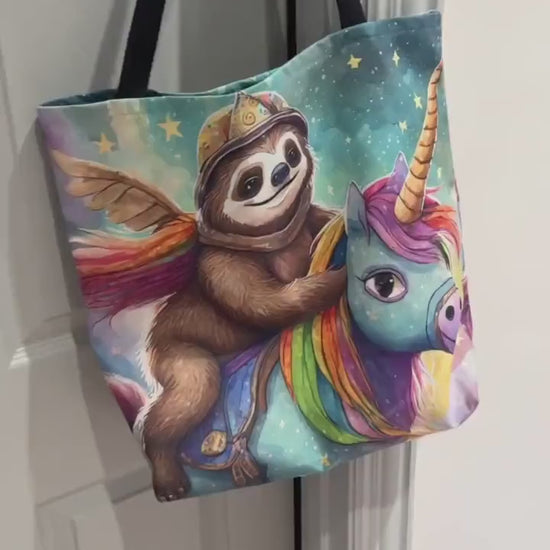 Sloth Riding a Rainbow Unicorn Tote Bag, Cat Bag, Canvas Bag, Tote Bag, Reusable Bag, Shopping Bag, Gift For Sloth Lover