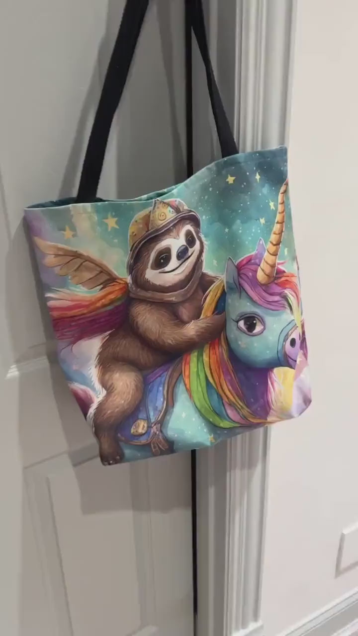 Sloth Riding a Rainbow Unicorn Tote Bag, Cat Bag, Canvas Bag, Tote Bag, Reusable Bag, Shopping Bag, Gift For Sloth Lover