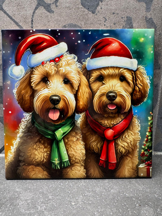 Christmas Goldendoodle Trivet. Hot Plate. 6"x6" Trivet. Christmas Goldendoodle Coaster. Christmas Goldendoodle Decor. Goldendoodle.