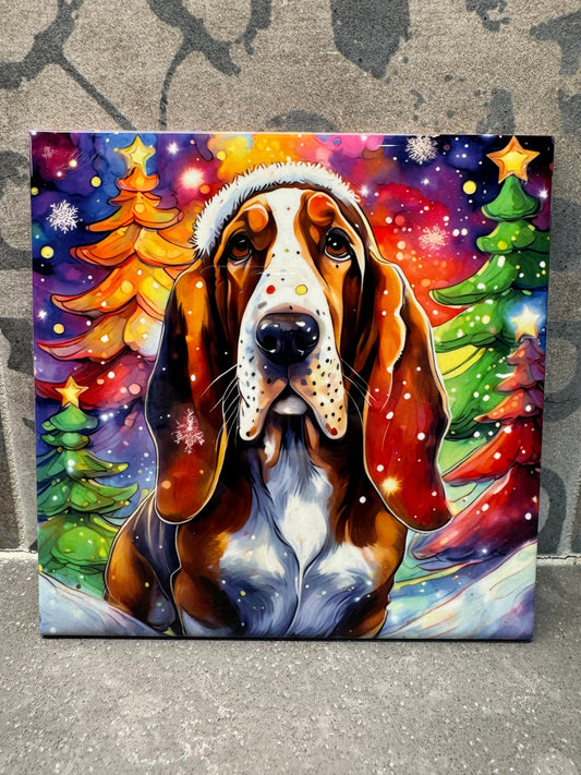 Christmas Basset Hound Trivet. Basset Hound Trivets. Hot Plate. 6"x6" Trivet. Basset Hound Coaster. Basset Hound Decor. Basset Hound Art.