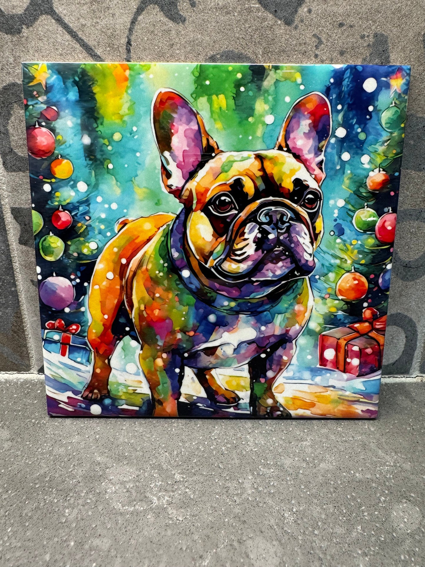 Christmas French Bulldog Hot Pot/Dish Trivet. Hot Plate. 6"x6" Trivet. Frenchie Coaster. Frenchie Decor. French Bulldog Art.