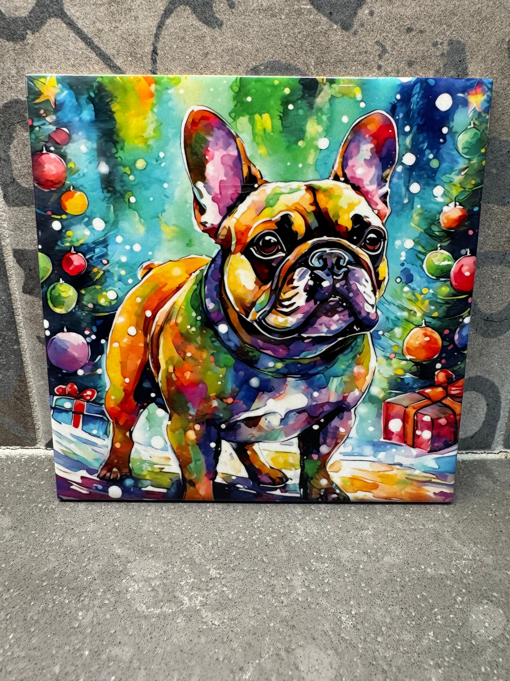 Christmas French Bulldog Hot Pot/Dish Trivet. Hot Plate. 6"x6" Trivet. Frenchie Coaster. Frenchie Decor. French Bulldog Art.