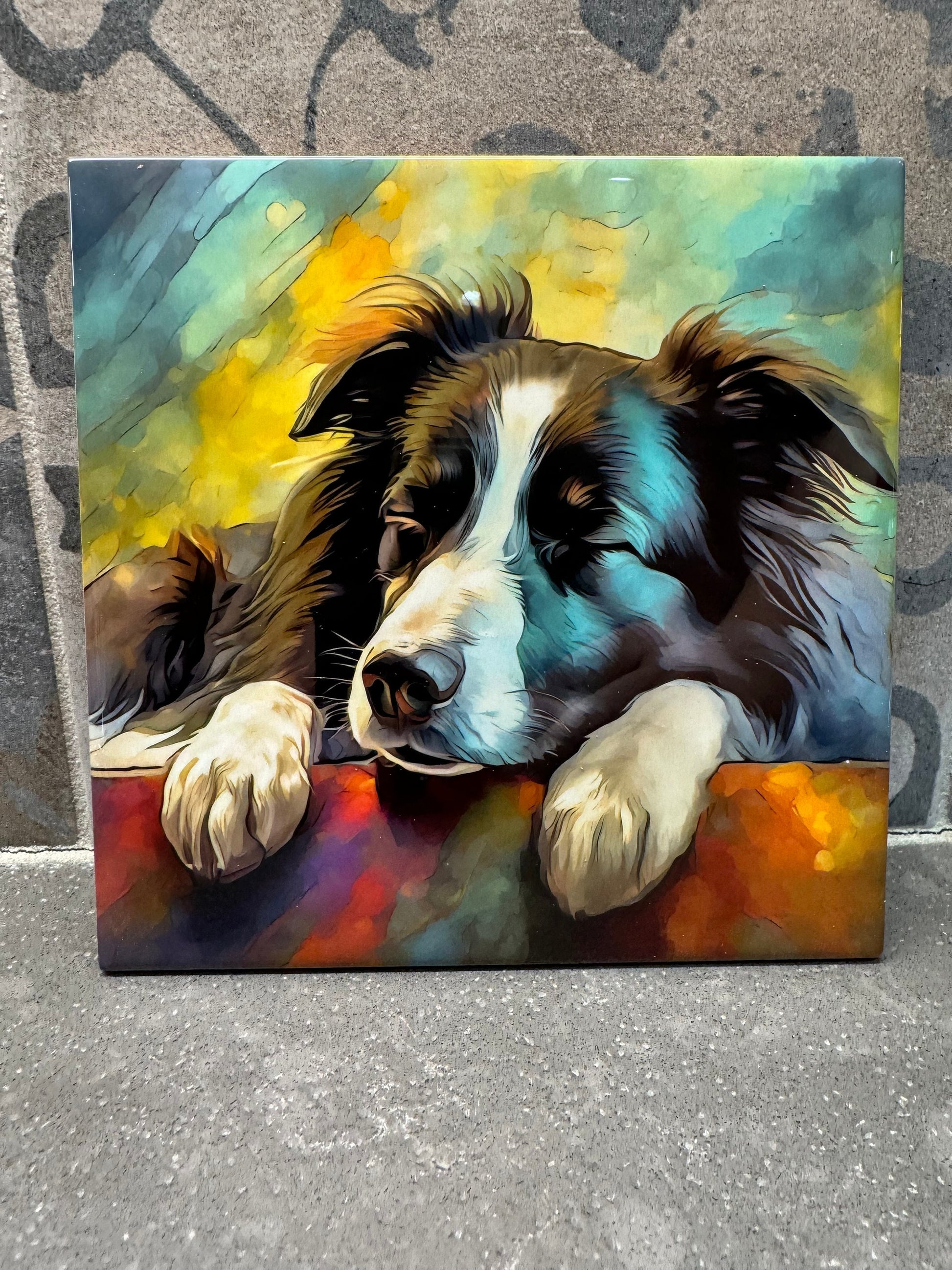 Sleeping Border Collie Trivet for Hot Dishes. 6"x6" Hot Plate. Border Collie Coaster. Border Collie Decor. Border Collie Art. Border Collie.