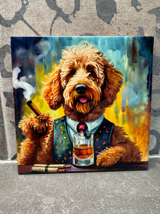 Scotch and Cigar Goldendoodle Trivet for Hot Dishes. 6"x6" Hot Plate. Goldendoodle Coaster. Goldendoodle Decor. Goldendoodle Art. Man Cave.