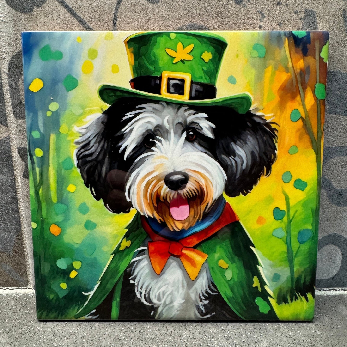 6x6 Ceramic Tile Trivet. St. Patrick's Day Sheepadoodle. Trivet for Hot Dishes. Tile Art Home Decor & Tile Coaster. Sheepadoodle gifts.