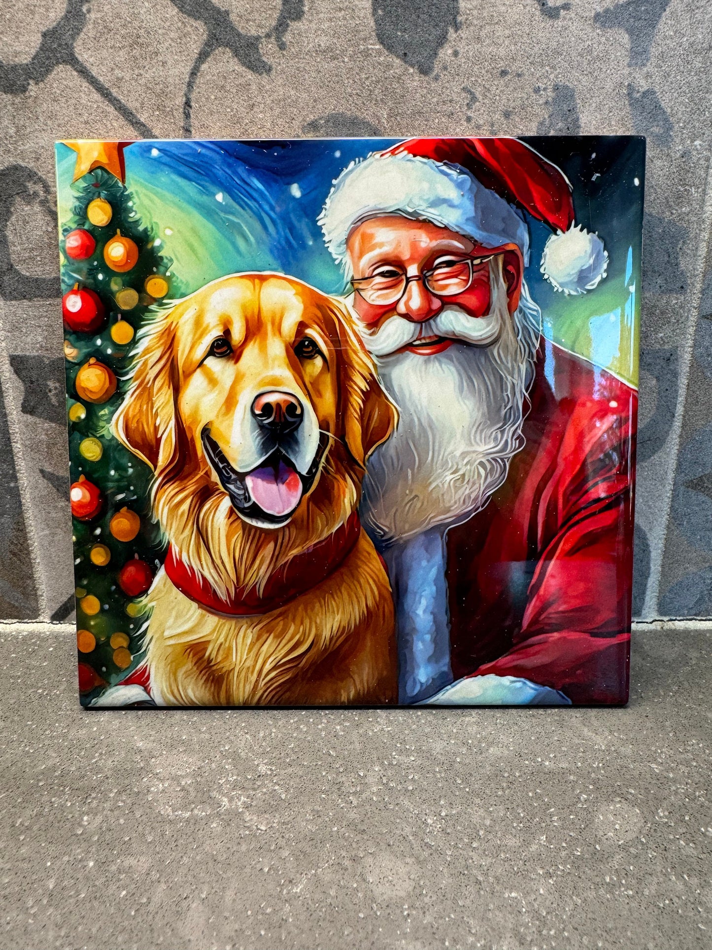 Santa Claus Golden Retriever Trivet. Christmas Trivet. Hot Plate. 6"x6" Trivet. Christmas Coaster. Christmas Decor. Golden Retriever Decor.