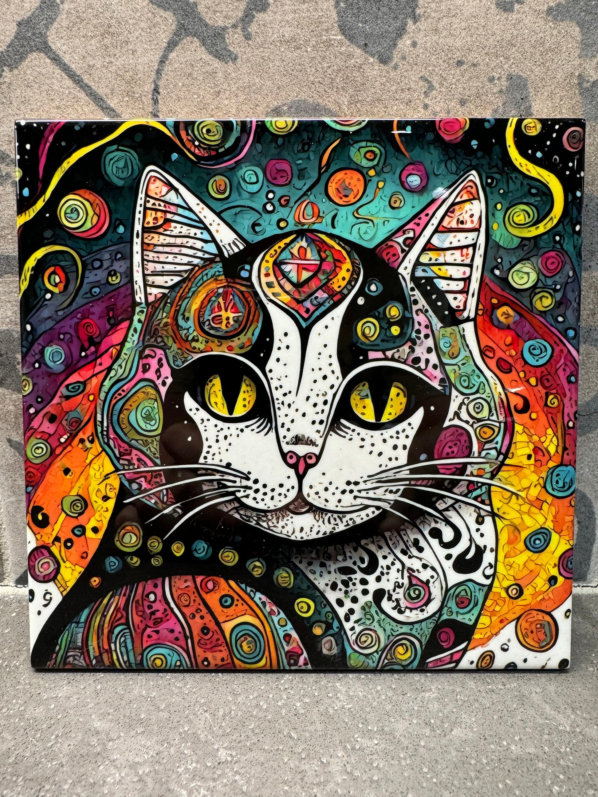 Psychedelic Cat Trivet. Cat Trivet. Hot Plate. 6"x6" Trivet. Cat Coaster. Cat Decor. Kitchen Decor. Cat Art.