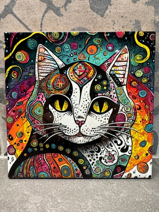 Psychedelic Cat Trivet. Cat Trivet. Hot Plate. 6"x6" Trivet. Cat Coaster. Cat Decor. Kitchen Decor. Cat Art.