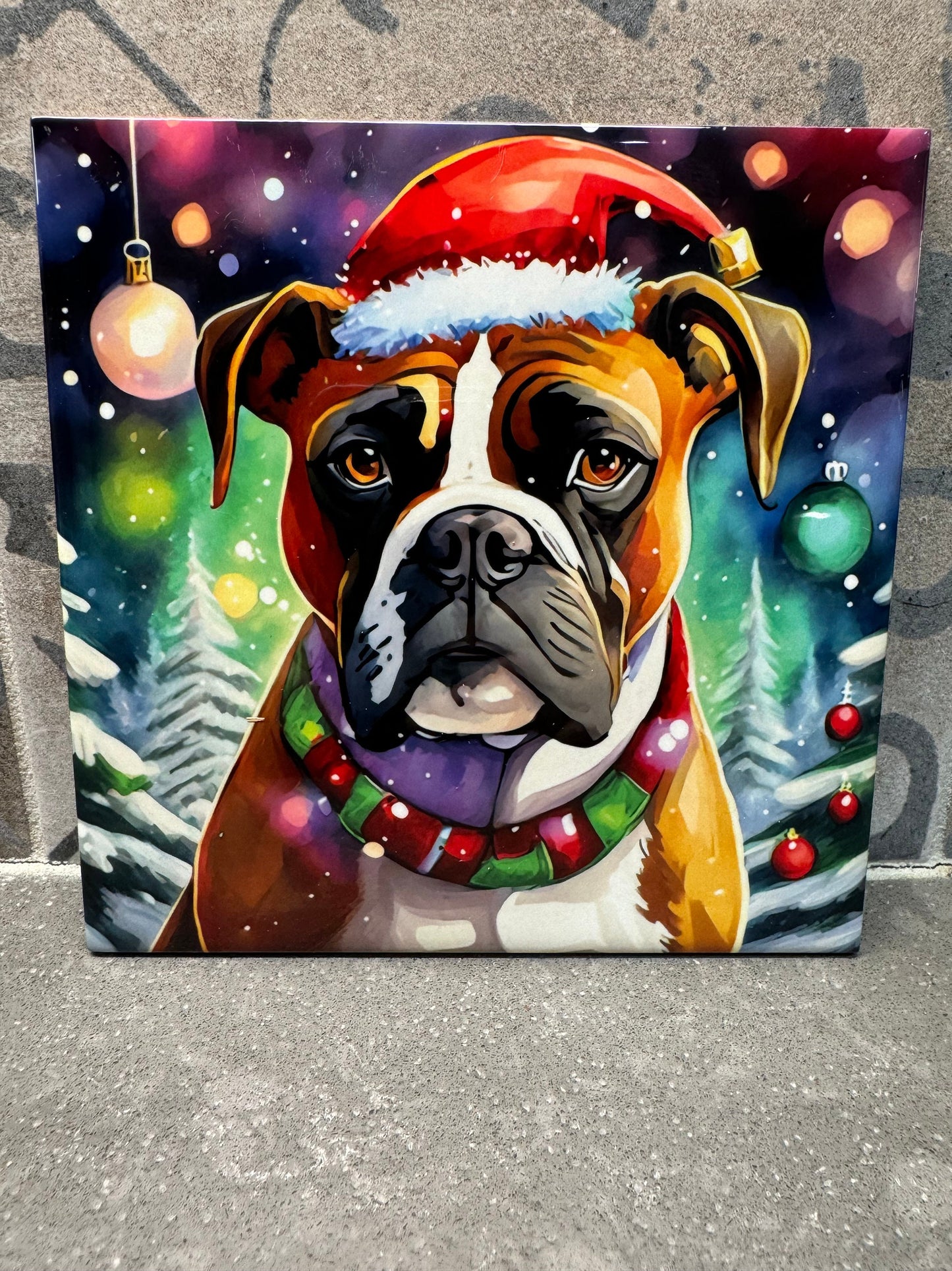 Christmas Boxer Hot Pot/Dish Trivet. Hot Plate. 6"x6" Trivet. Boxer Coaster. Brown Boxer Decor. Boxer Art.