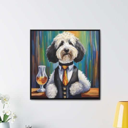 Framed Canvas Print Wall Art Whiskey Sheepadoodle, 30x30, 24x24, 20x20, 16x16, Walnut and Black Frame, Sheepadoodle Art, Gift for Dog Lovers