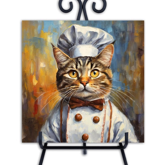 Tabby Cat Chef. Trivet for Hot Dishes. 6"x6" Hot Plate. Cat Decor. Cat Art. Cat gifts. Gifts for Cat Lovers.