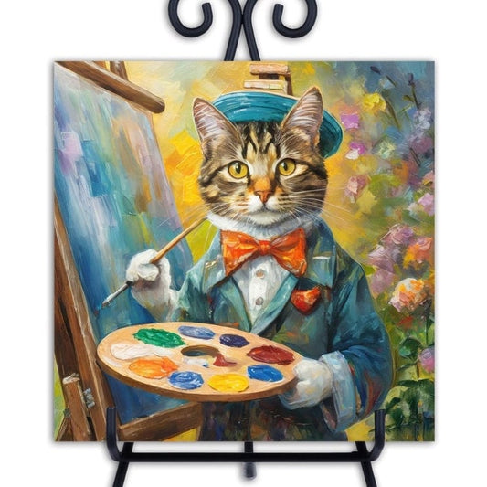 Tabby Cat Painter, Artist. Trivet for Hot Dishes. 6"x6" Hot Plate. Cat Decor. Cat Art. Cat gifts. Gifts for Cat Lovers.