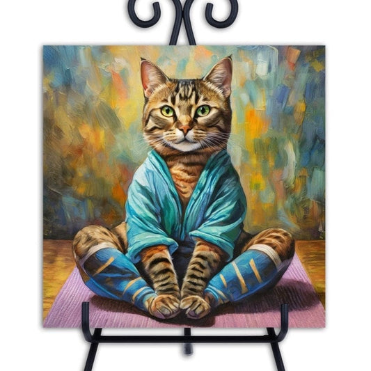 Tabby Cat Fitness, Yoga Instructor. Trivet for Hot Dishes. 6"x6" Hot Plate. Cat Decor. Cat Art. Cat gifts. Gifts for Cat Lovers.