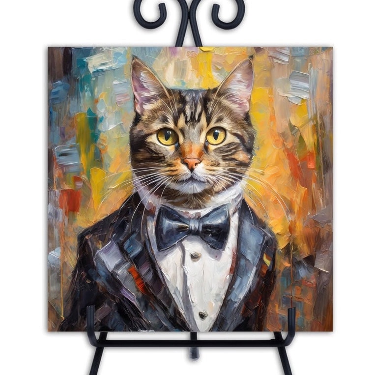 Tuxedo Tabby Cat. Trivet for Hot Dishes. 6"x6" Hot Plate. Cat Decor. Cat Art. Cat gifts. Gifts for Cat Lovers.