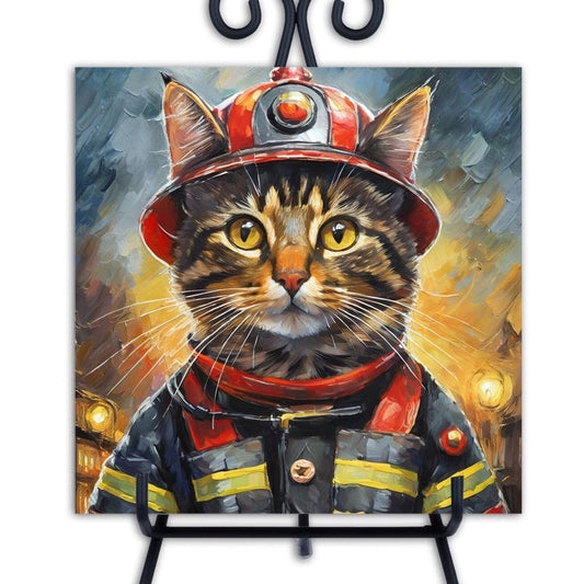 Tabby Cat Fire Fighter. Trivet for Hot Dishes. 6"x6" Hot Plate. Cat Decor. Cat Art. Cat gifts. Gifts for Cat Lovers.