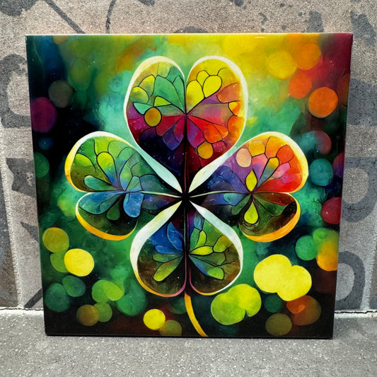 6x6 Ceramic Tile Trivet, St. Patrick's Day Four Leaf Clover, Trivet for Hot Dishes, Tile Art Home Decor & Tile Coaster, Lucy Charm