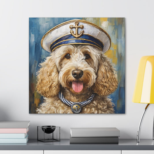 Frameless Canvas Print Wall Art, Goldendoodle Navy Chief, 30x30, 24x24, 20x20, 16x16, Goldendoodle Art, Gift for Dog Lovers