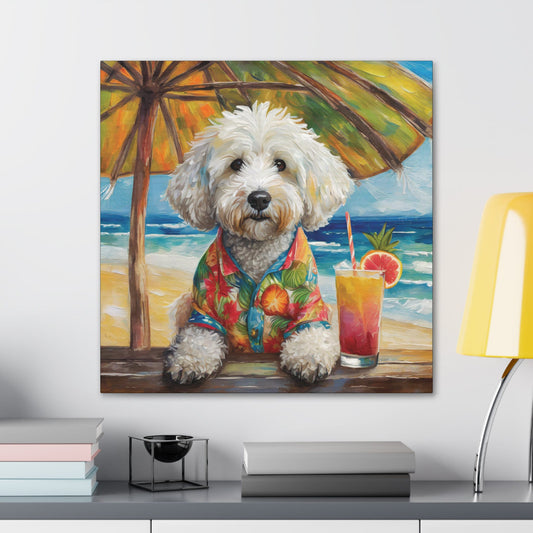 Frameless Canvas Print Wall Art, Tropical Beach Doodle, 30x30, 24x24, 20x20, 16x16, Doodle Art, Dog Art, Gift for Dog Lovers