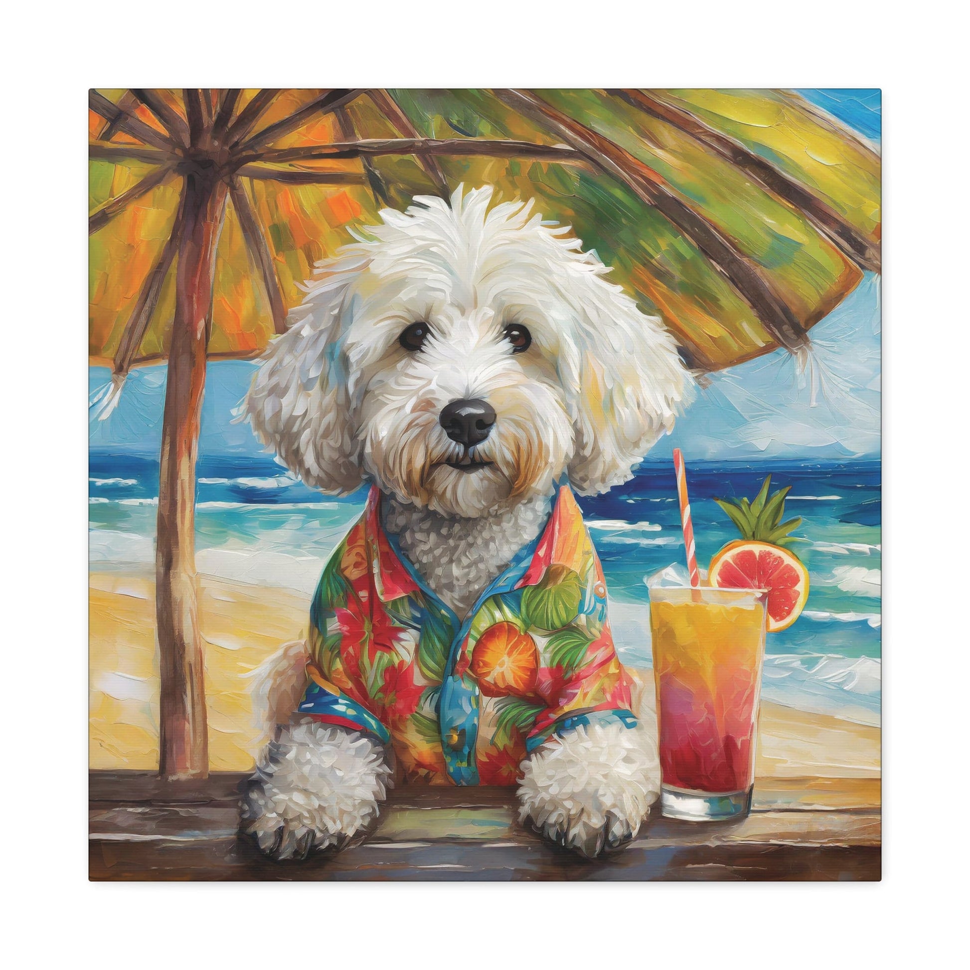 Frameless Canvas Print Wall Art, Tropical Beach Doodle, 30x30, 24x24, 20x20, 16x16, Doodle Art, Dog Art, Gift for Dog Lovers