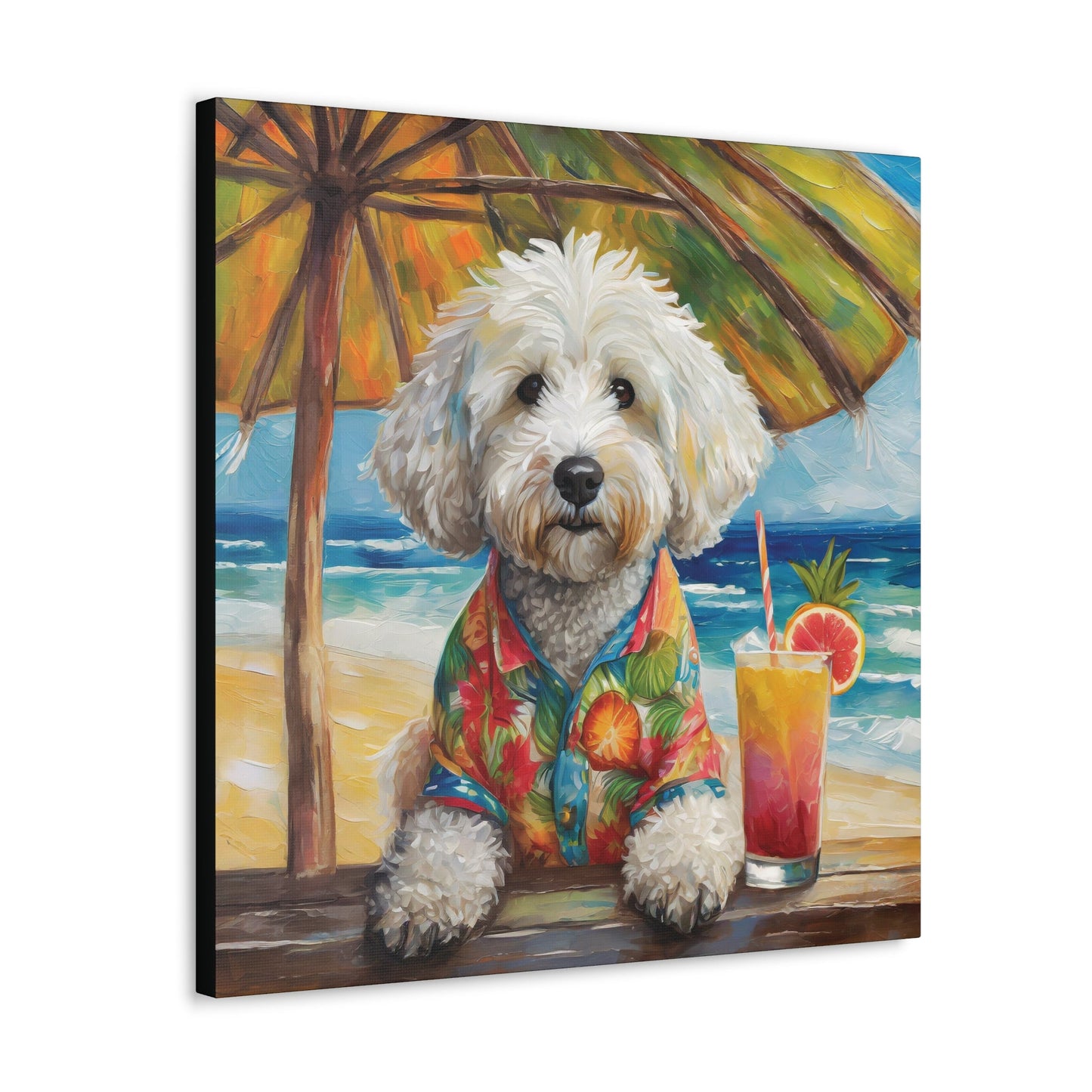 Frameless Canvas Print Wall Art, Tropical Beach Doodle, 30x30, 24x24, 20x20, 16x16, Doodle Art, Dog Art, Gift for Dog Lovers