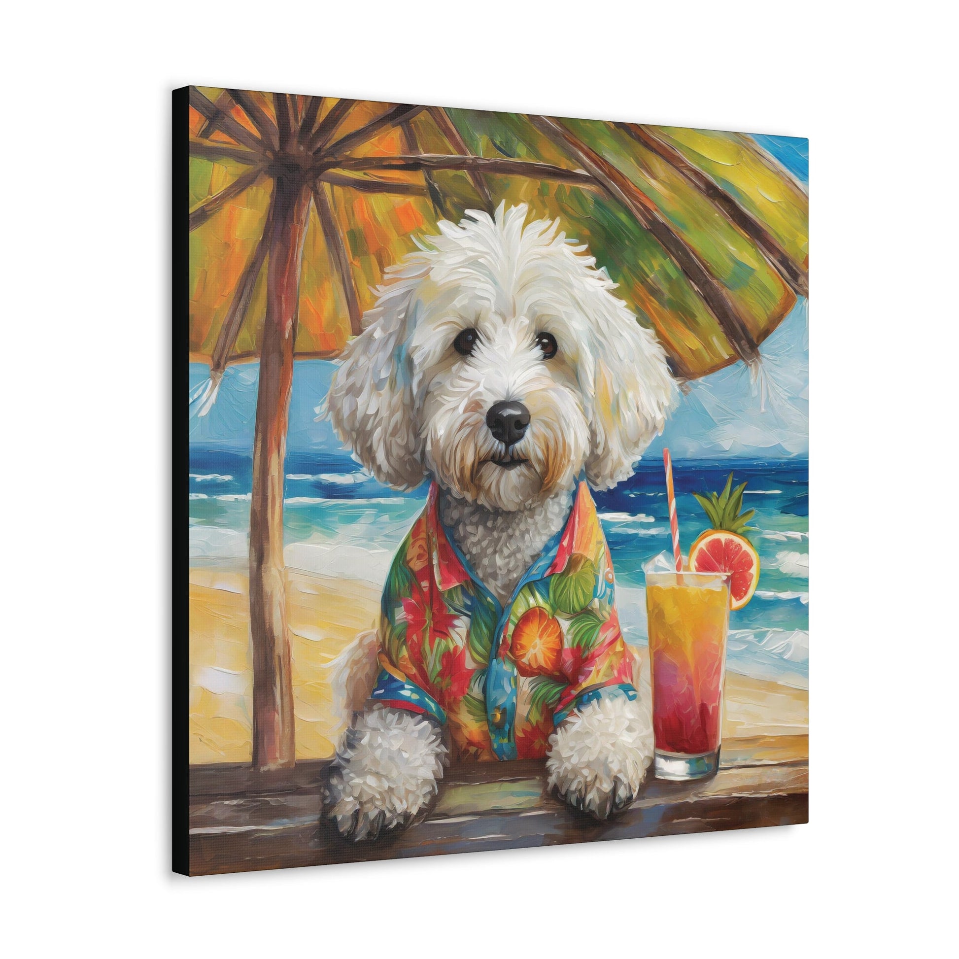 Frameless Canvas Print Wall Art, Tropical Beach Doodle, 30x30, 24x24, 20x20, 16x16, Doodle Art, Dog Art, Gift for Dog Lovers