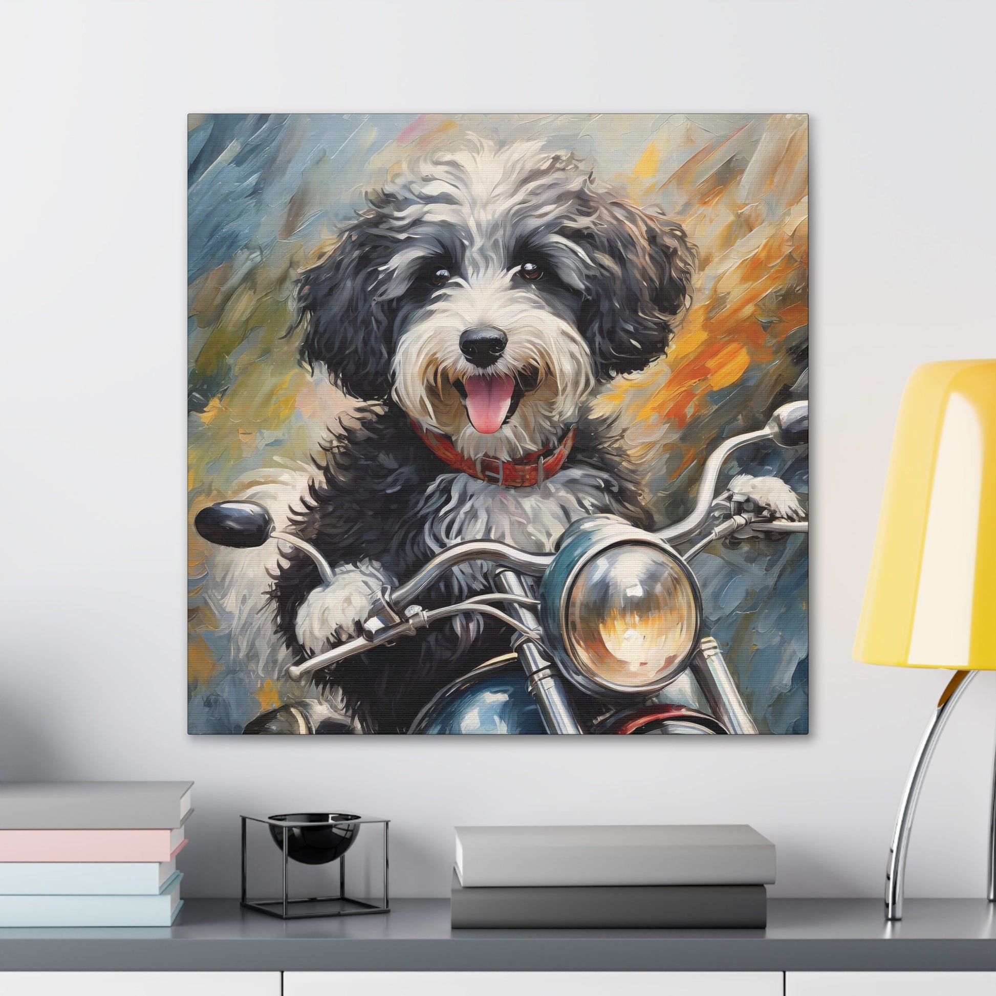 Frameless Canvas Print Wall Art, Motorcycle Sheepadoodle, 30x30, 24x24, 20x20, 16x16, Sheepadoodle Art, Gift for Dog Lovers