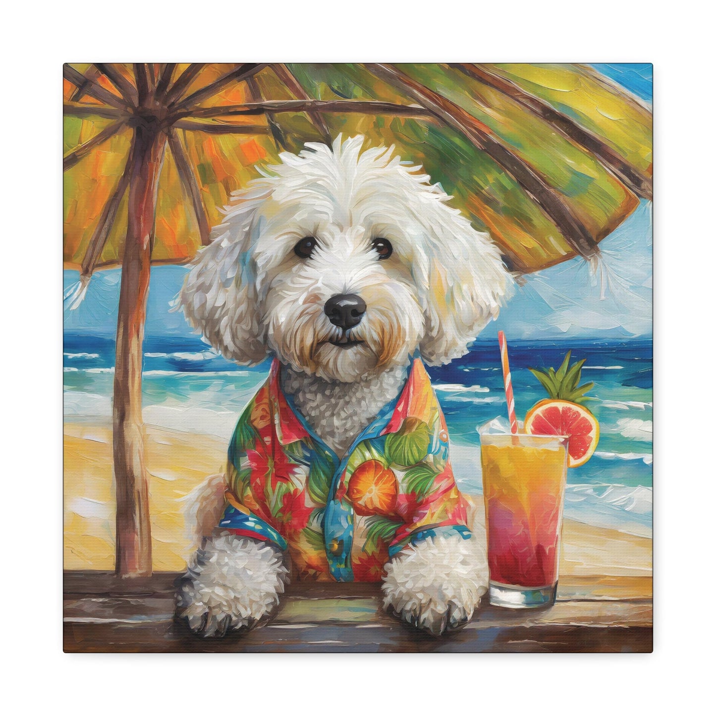 Frameless Canvas Print Wall Art, Tropical Beach Doodle, 30x30, 24x24, 20x20, 16x16, Doodle Art, Dog Art, Gift for Dog Lovers