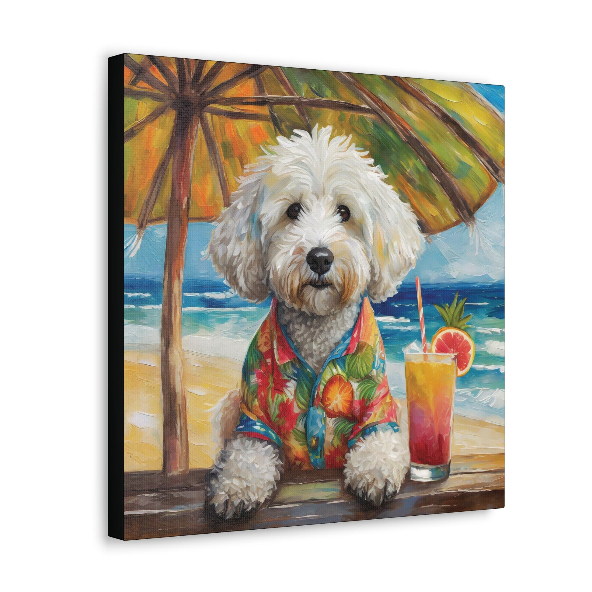 Frameless Canvas Print Wall Art, Tropical Beach Doodle, 30x30, 24x24, 20x20, 16x16, Doodle Art, Dog Art, Gift for Dog Lovers