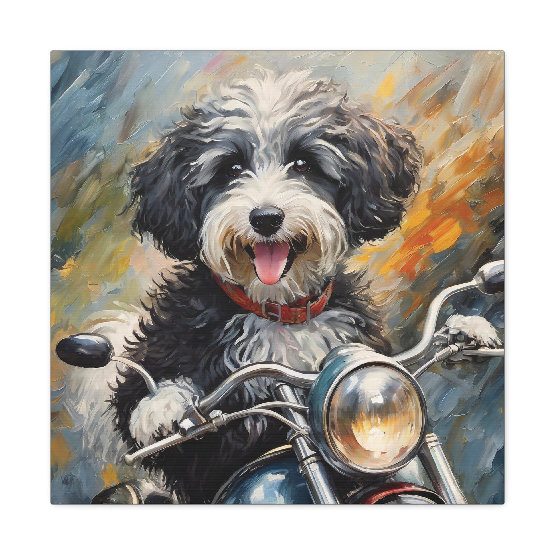 Frameless Canvas Print Wall Art, Motorcycle Sheepadoodle, 30x30, 24x24, 20x20, 16x16, Sheepadoodle Art, Gift for Dog Lovers