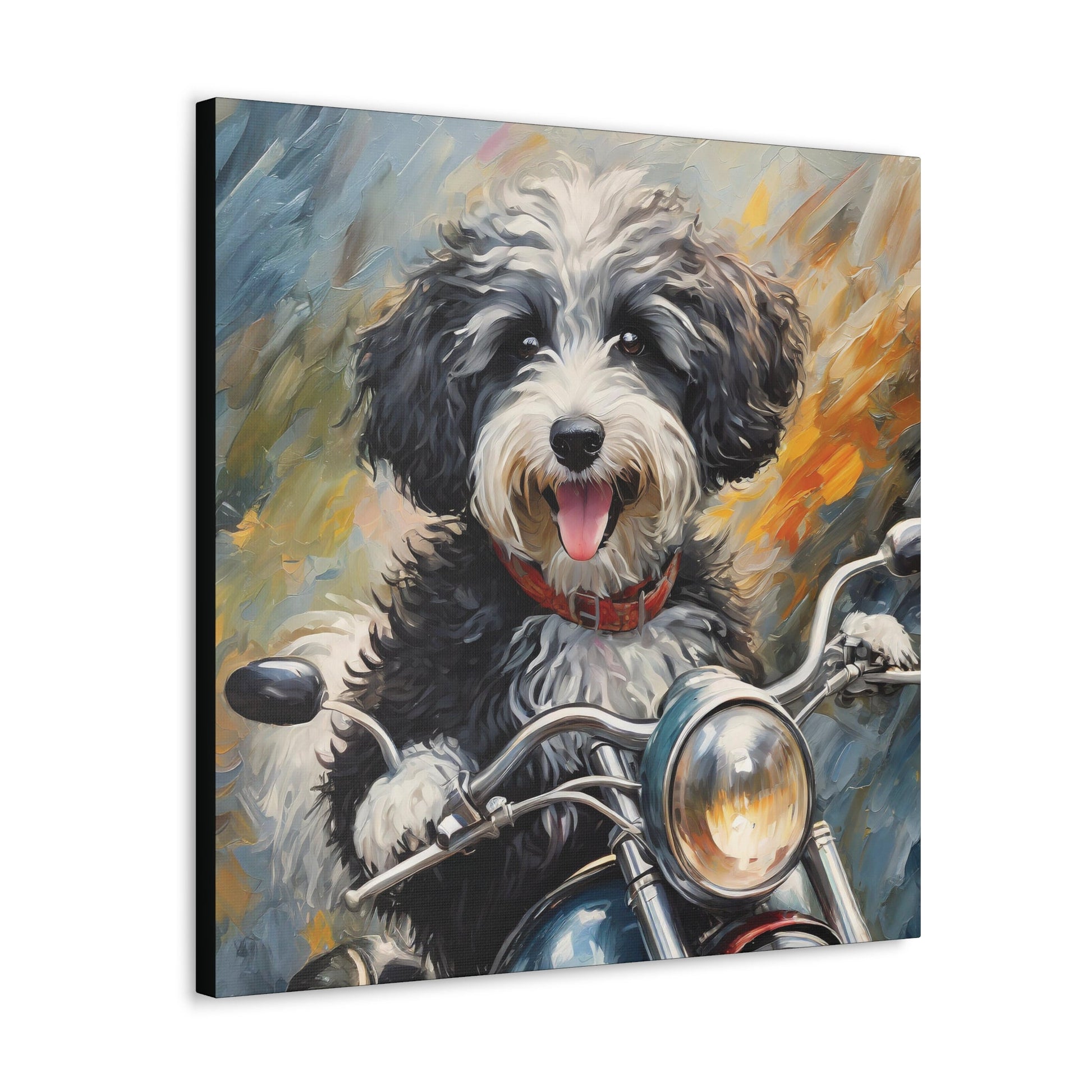 Frameless Canvas Print Wall Art, Motorcycle Sheepadoodle, 30x30, 24x24, 20x20, 16x16, Sheepadoodle Art, Gift for Dog Lovers