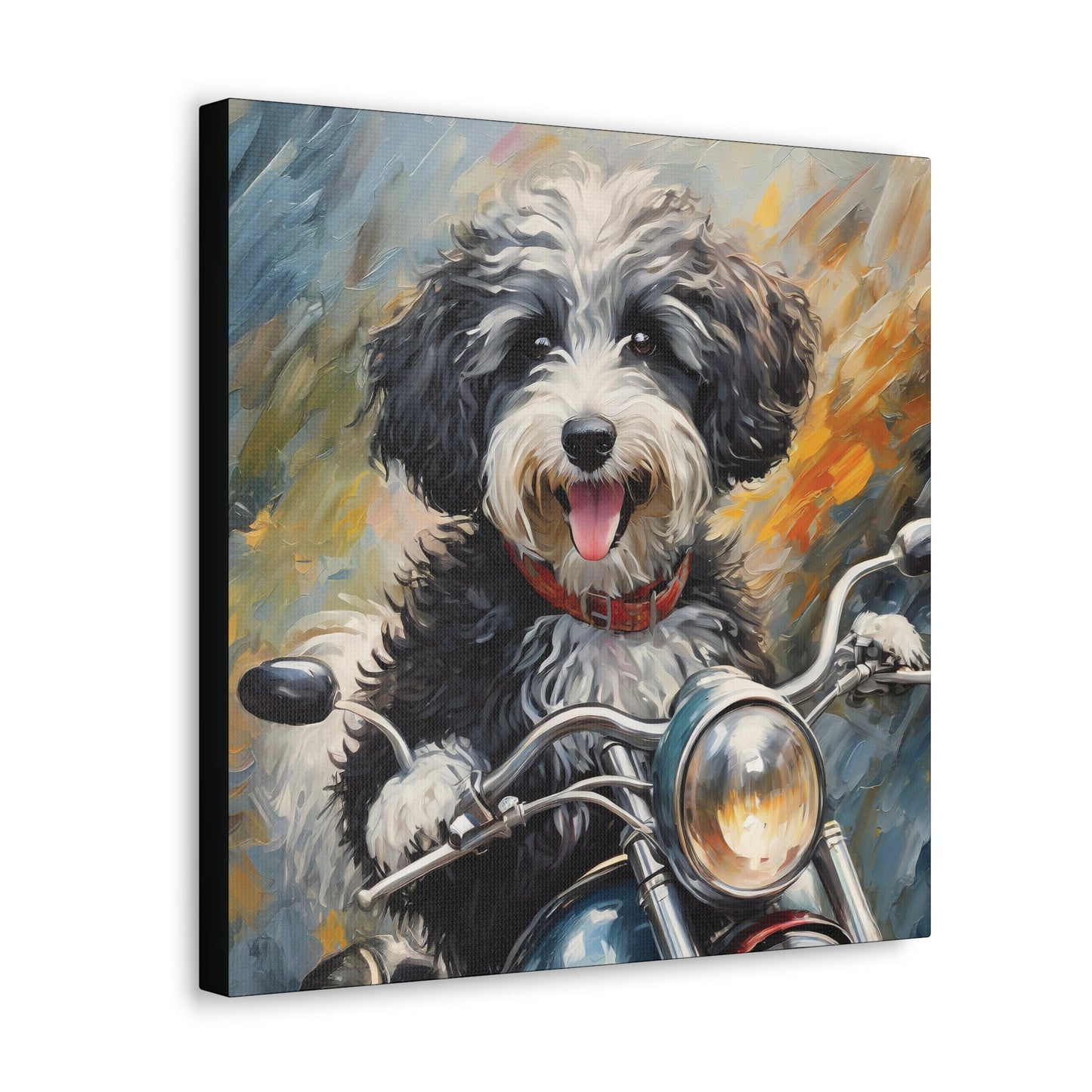 Frameless Canvas Print Wall Art, Motorcycle Sheepadoodle, 30x30, 24x24, 20x20, 16x16, Sheepadoodle Art, Gift for Dog Lovers