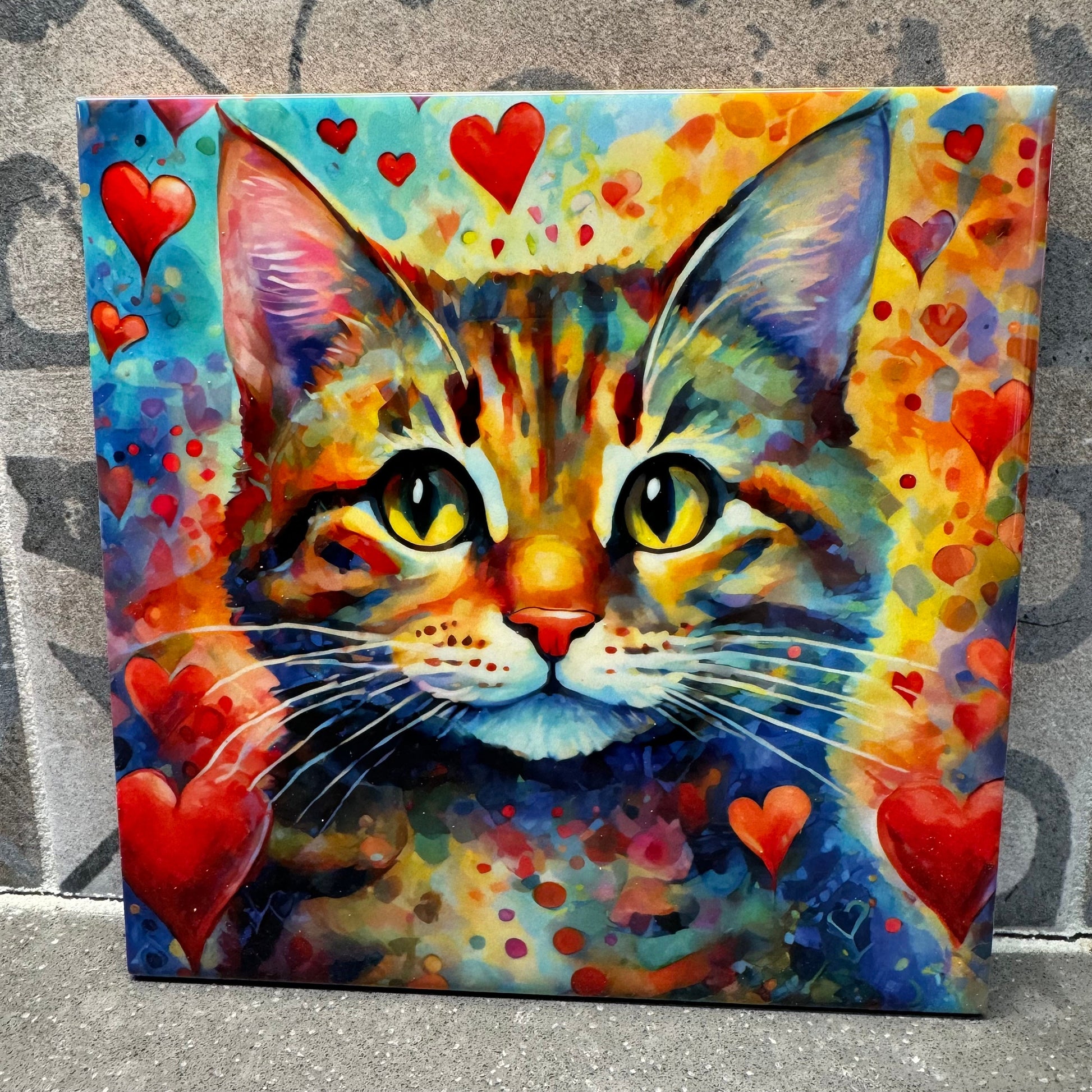 Valentine's Day Cat Trivet For Hot Dishes, Cat Coaster, Cat Decor, Cat Art, Cat Gift, Cat Mom, Tabby Cat Decorations, Tabby Cat Art