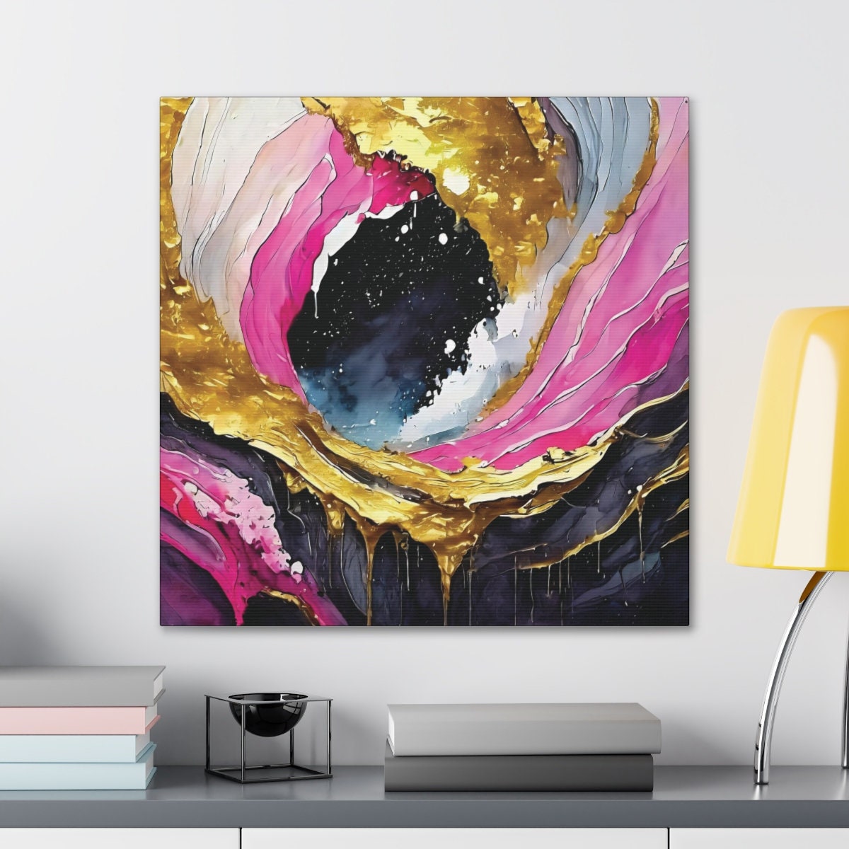 Canvas Print Wall Art Hot Pink and Gold Abstract Art, 30x30, 24x24, 20x20, 16x16, Gift for Art Lovers, Abstract Print Home Decor, Canvas Art